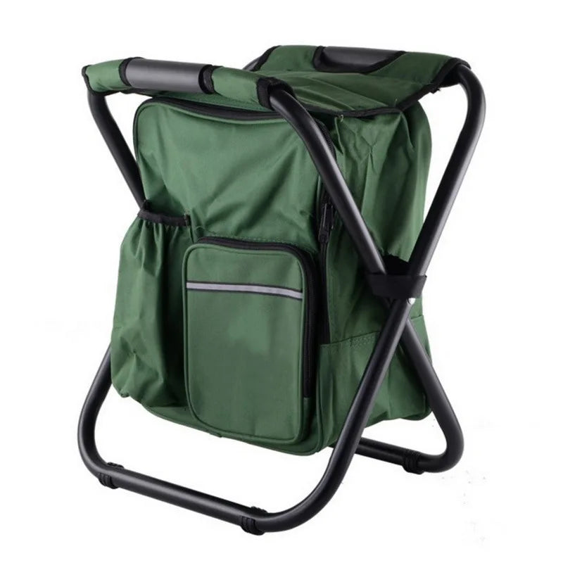 Green folding chair with backpack design on a white background