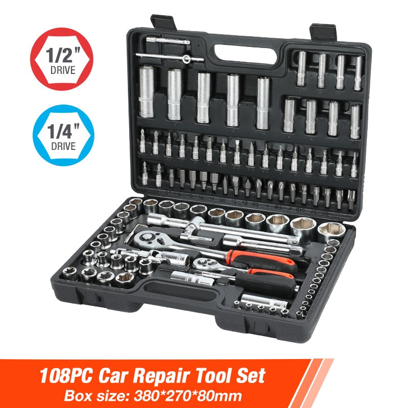 ValueMax Hand Tool Sets Car Repair Tool Kit Mechanical Tools Box for Home DIY 1/4" Socket Wrench Set Ratchet Screwdriver Bits