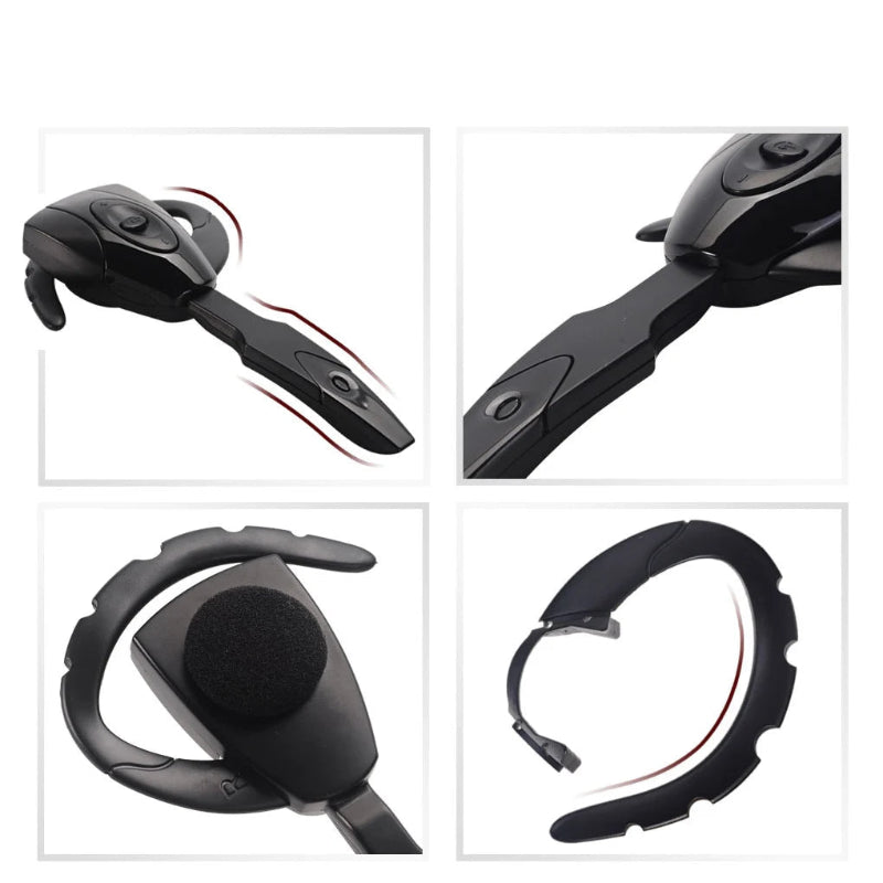 Black Bluetooth headset shown from multiple angles on a white background