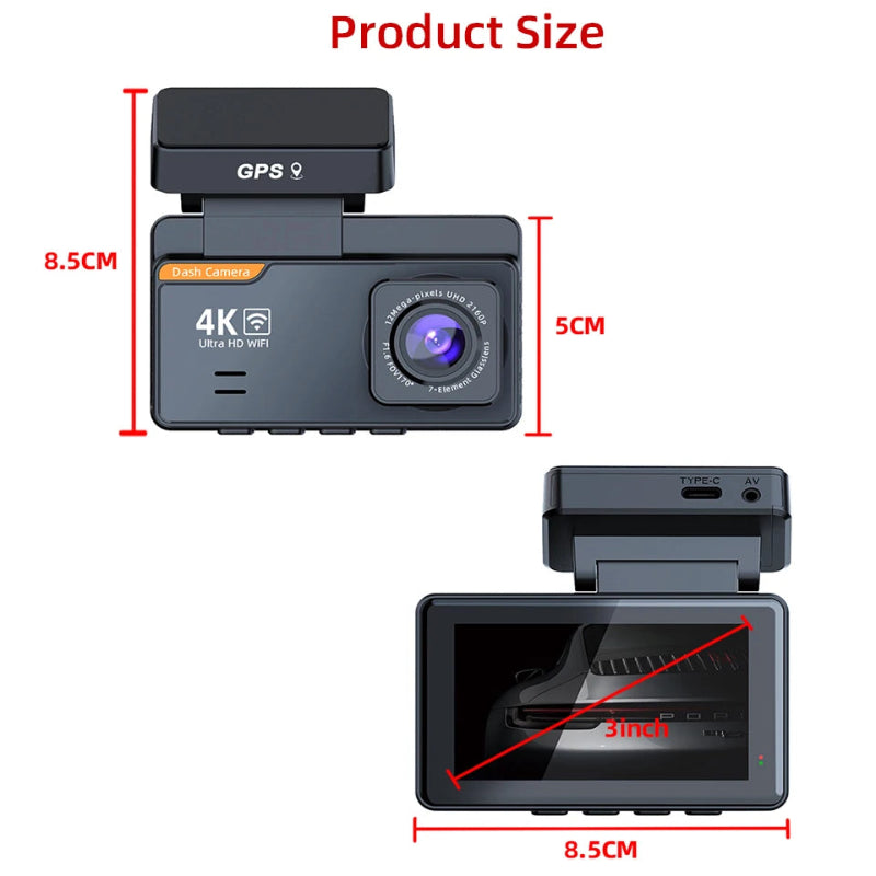 Measurement chart of a car dashboard camera with dimensions labeled.