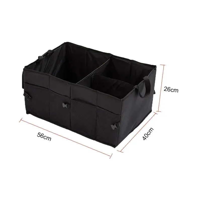 Black car trunk organizer with dimensions on a white background