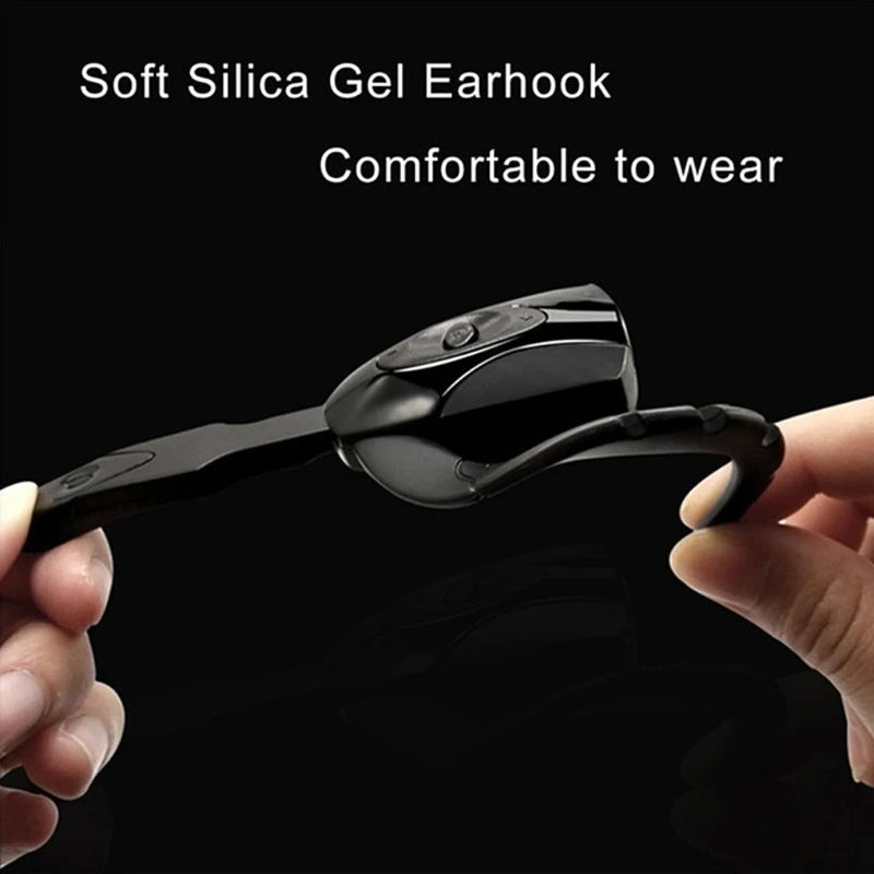 Black soft silica gel earhook held by two hands against a black background with text 'Soft Silica Gel Earhook Comfortable to wear'.