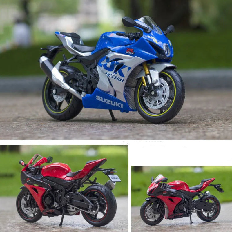Collage of three miniature motorcycles, including a blue Suzuki model, on a blurred outdoor background.