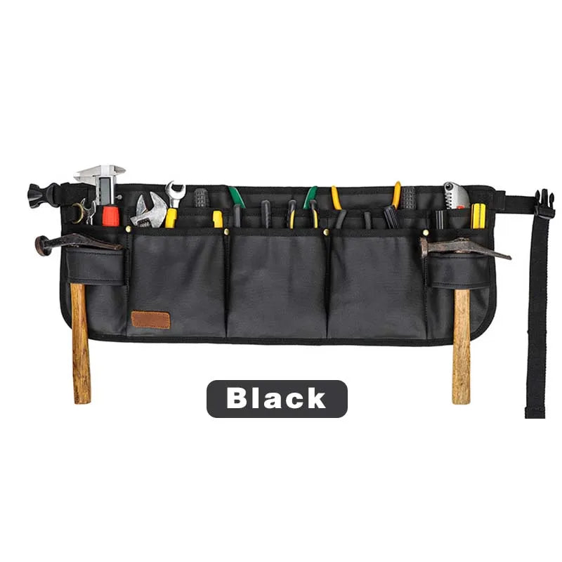 Black tool belt with various tools on a white background