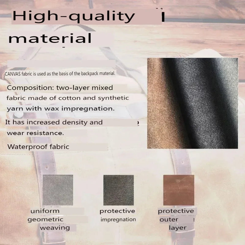 Backpack material composition with text and fabric swatches on a wooden background