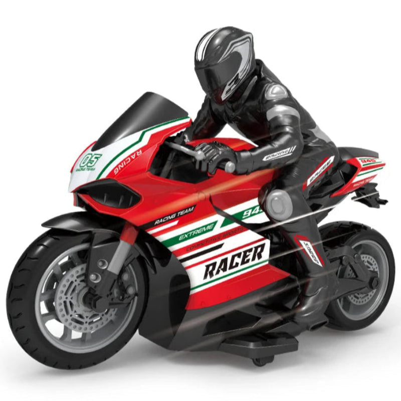 Model motorcycle with rider on a white background, showing size dimensions.