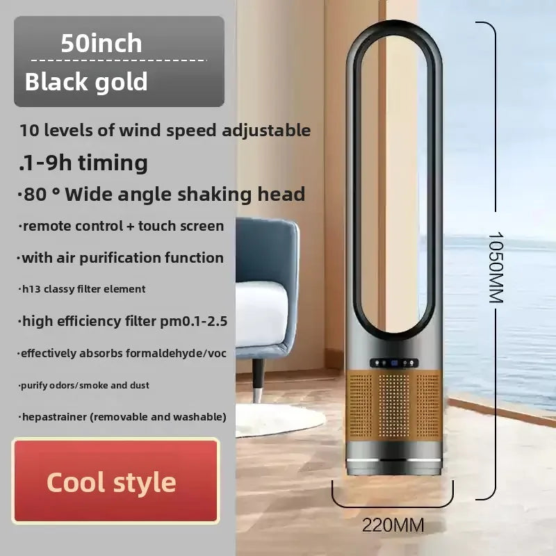 Tower fan with features listed on a gray background