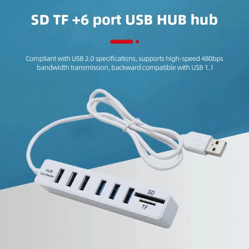 6 Ports 2.0 USB Hub Multi Splitter with SD and TF Slots Gdwstore 