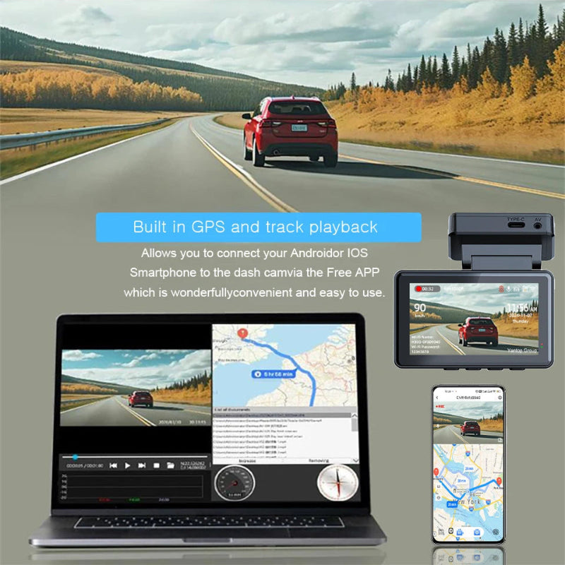 Car dashboard with GPS device, laptop, and smartphone displaying navigation maps on a scenic road.
