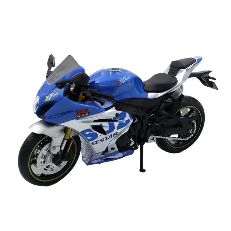 Blue and white motorcycle model on a white background