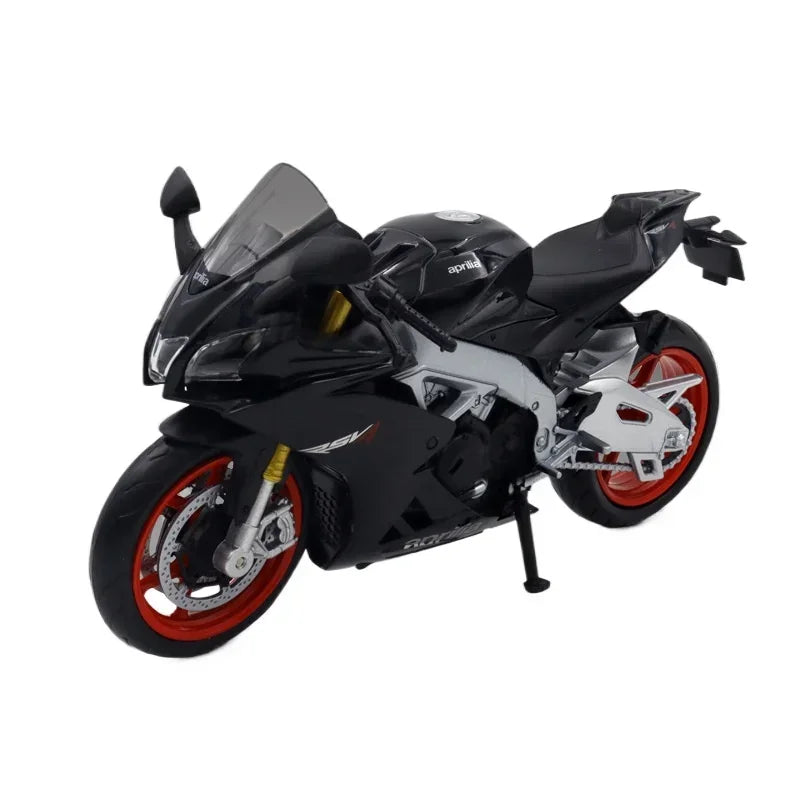 Black motorcycle model with red wheels on a white background