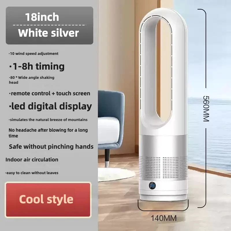 18-inch white silver tower fan with features listed on the left side, in a room setting.