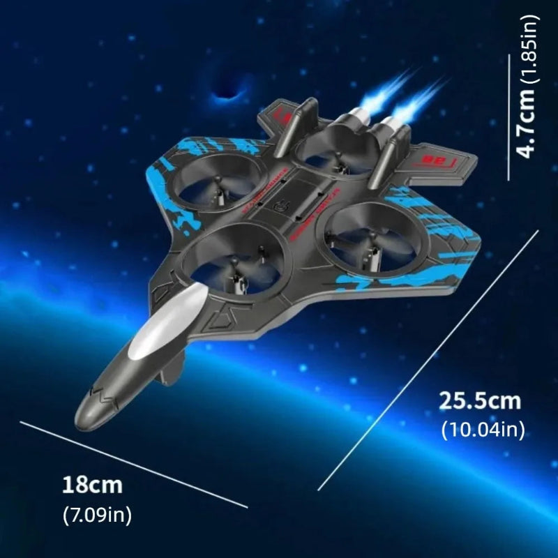 Toy spaceship model with measurements on a space-themed background