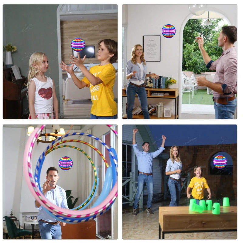 Collage of people playing with colorful rings and a ball in various settings.