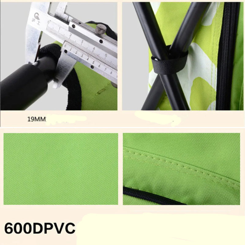 Collage of green fabric and metal measurement tool with text on a white background