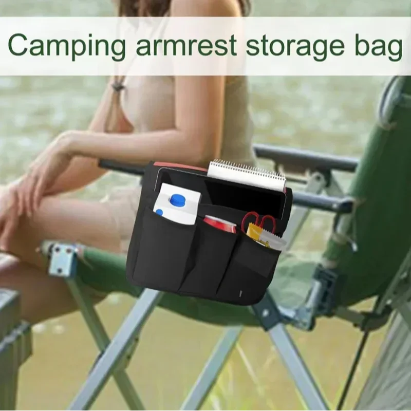 Camping armrest storage bag attached to a chair with a person sitting in the background.