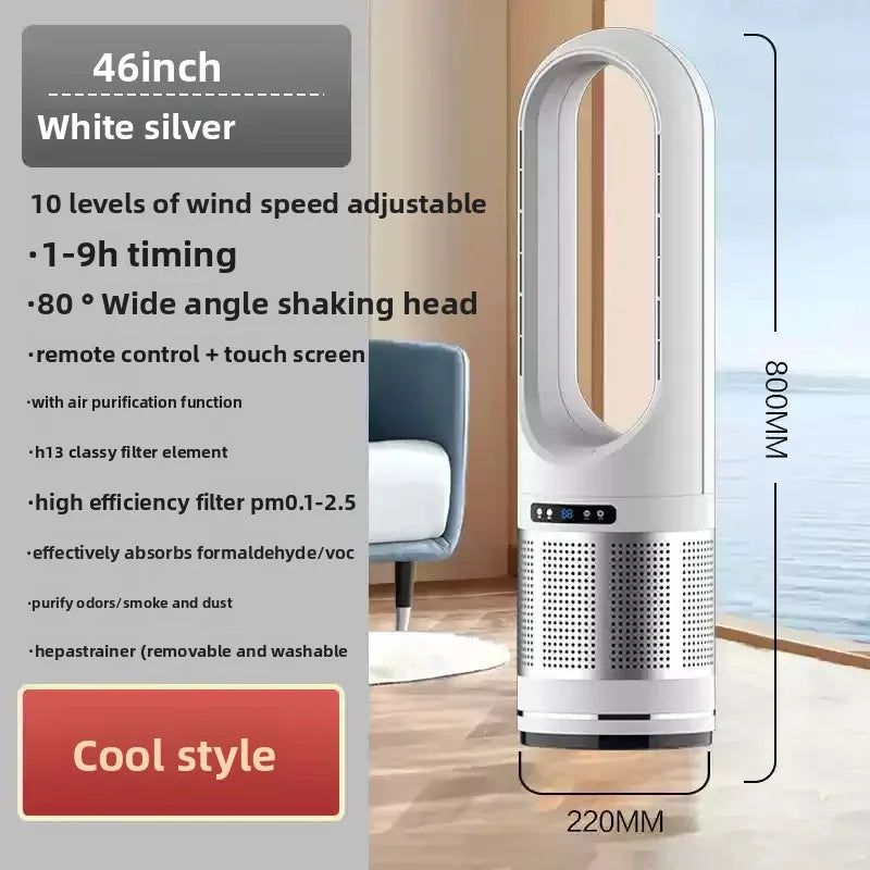 White silver air purifier with features listed on a gray background