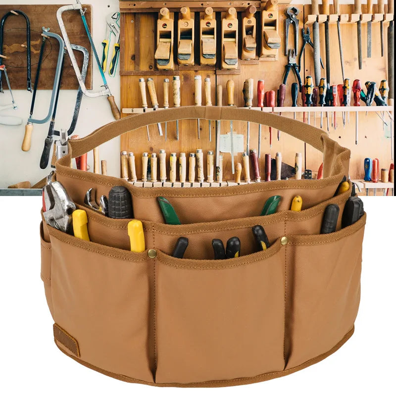 Brown tool belt with tools in front of a wall of tools