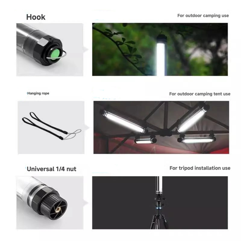 Product features for outdoor camping lights including hook, hanging rope, and universal nut.