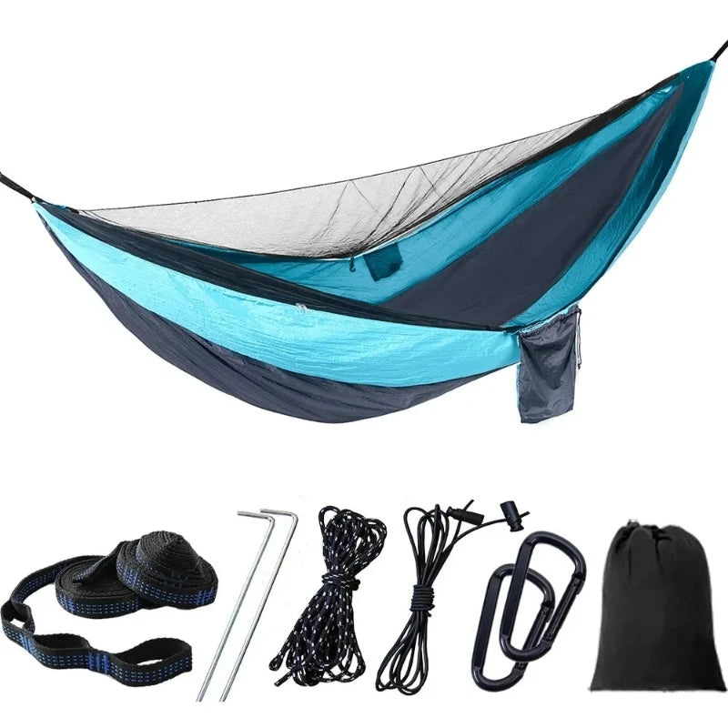 Camping Hammock with Mosquito Net Portable Parachute 6 Ring Strap Double Travel Hammock,outdoor Backpacking Hammock Swing Chair