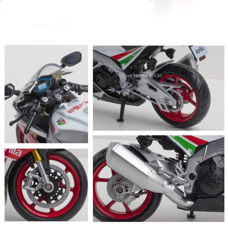 Collage of a motorcycle model with close-up details on a white background