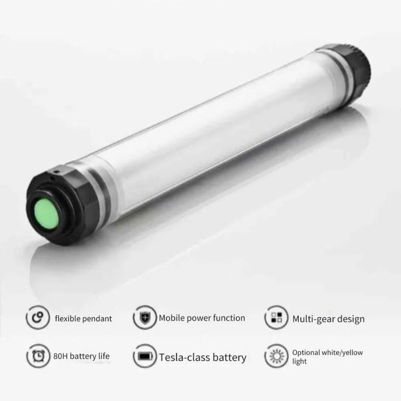 LED outdoor waterproof camping light with features listed on a white background