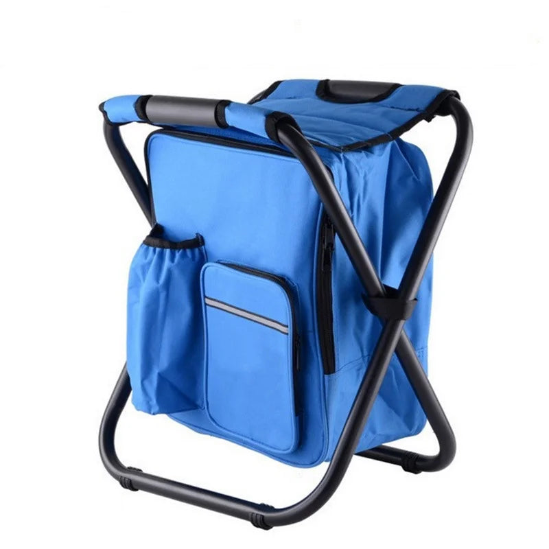 Blue folding chair with backpack on a white background