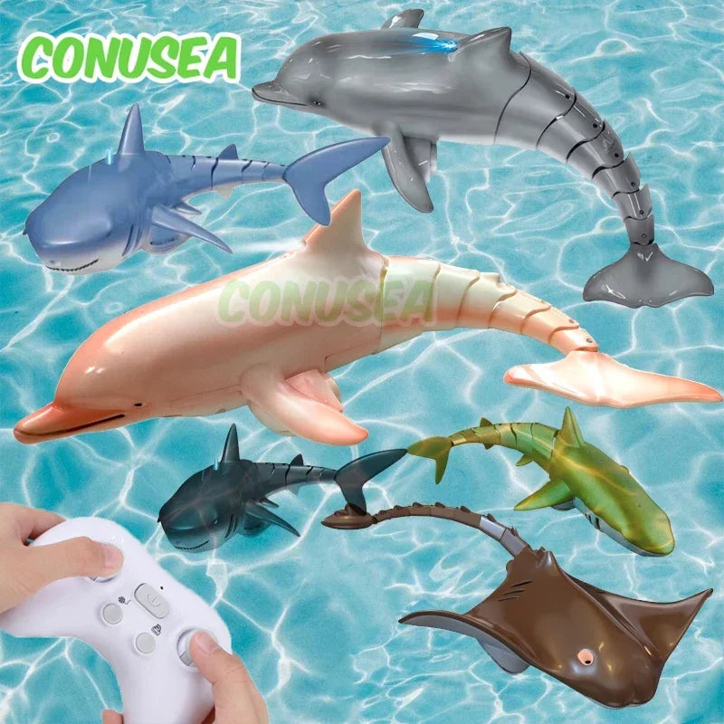 Toy animals including dolphins, sharks, and a stingray on a water-themed background with 'CONUSEA' branding.