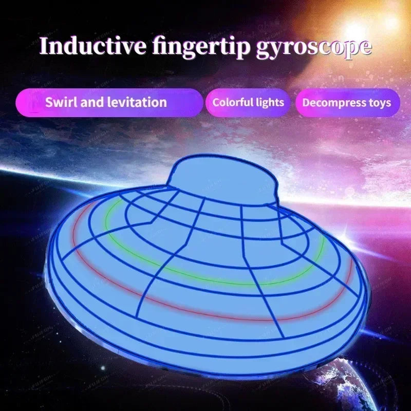 Inductive fingertip gyroscope with colorful lights and space-themed background