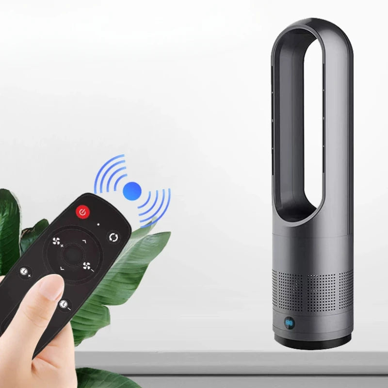 Air purifier with remote control and leafy plant in the background