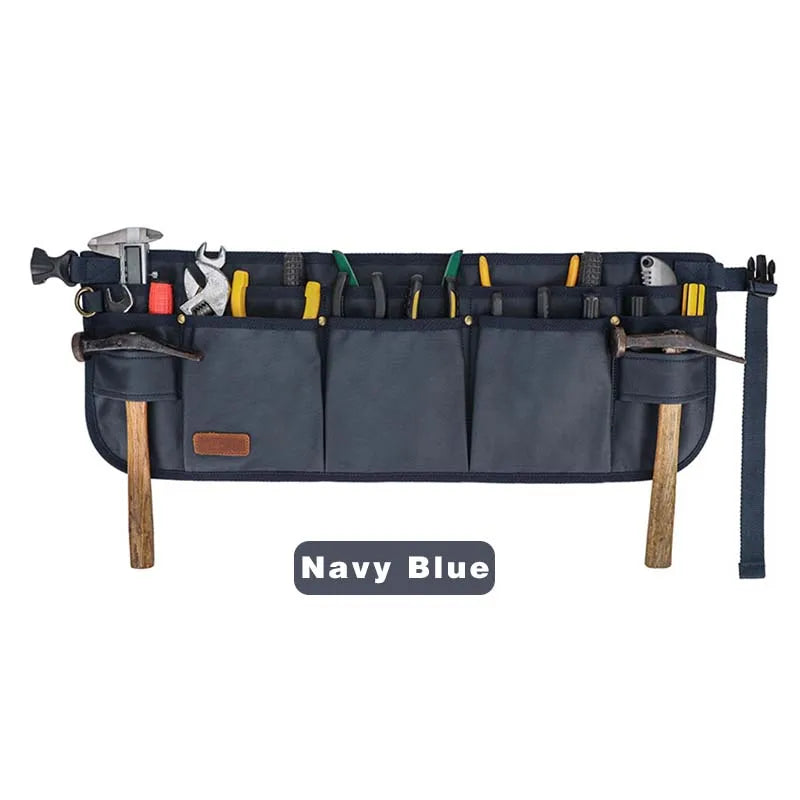 Navy blue tool belt with various tools on a white background