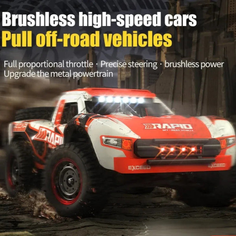 Off-road vehicle with 'Rapid' branding on a rugged terrain, featuring text about brushless high-speed cars.