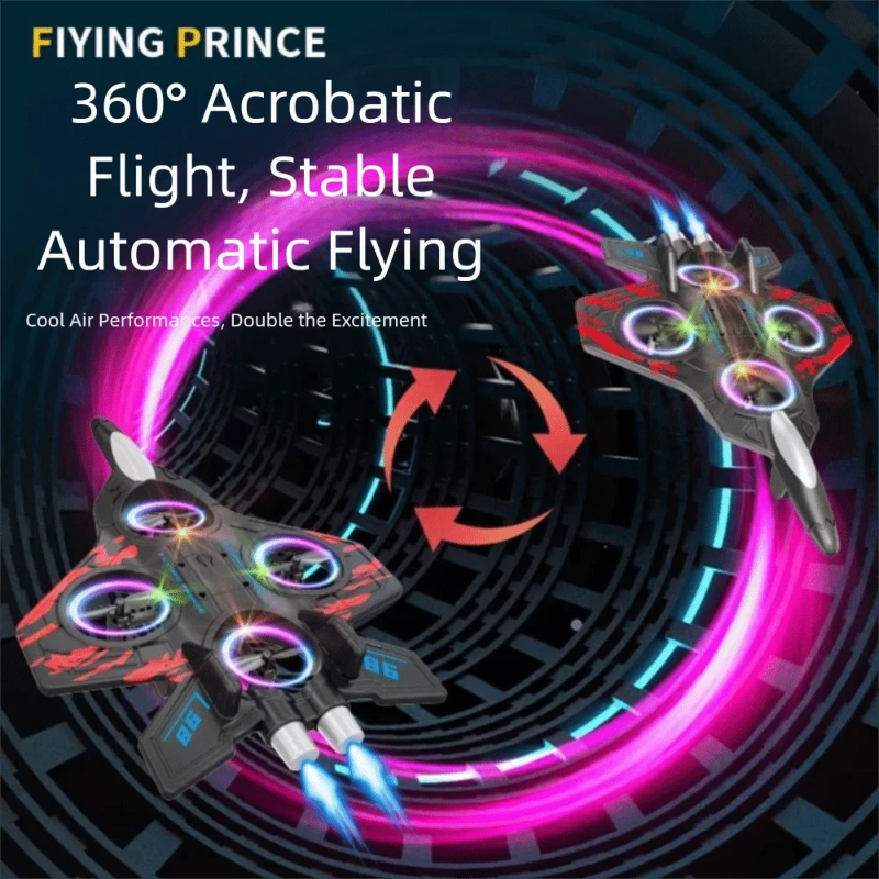 Drone with colorful lights on a dark background, featuring text about its features.
