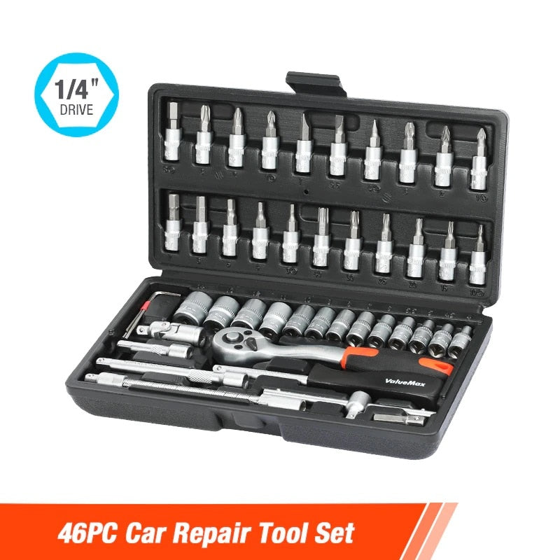 ValueMax Hand Tool Sets Car Repair Tool Kit Mechanical Tools Box for Home DIY 1/4" Socket Wrench Set Ratchet Screwdriver Bits