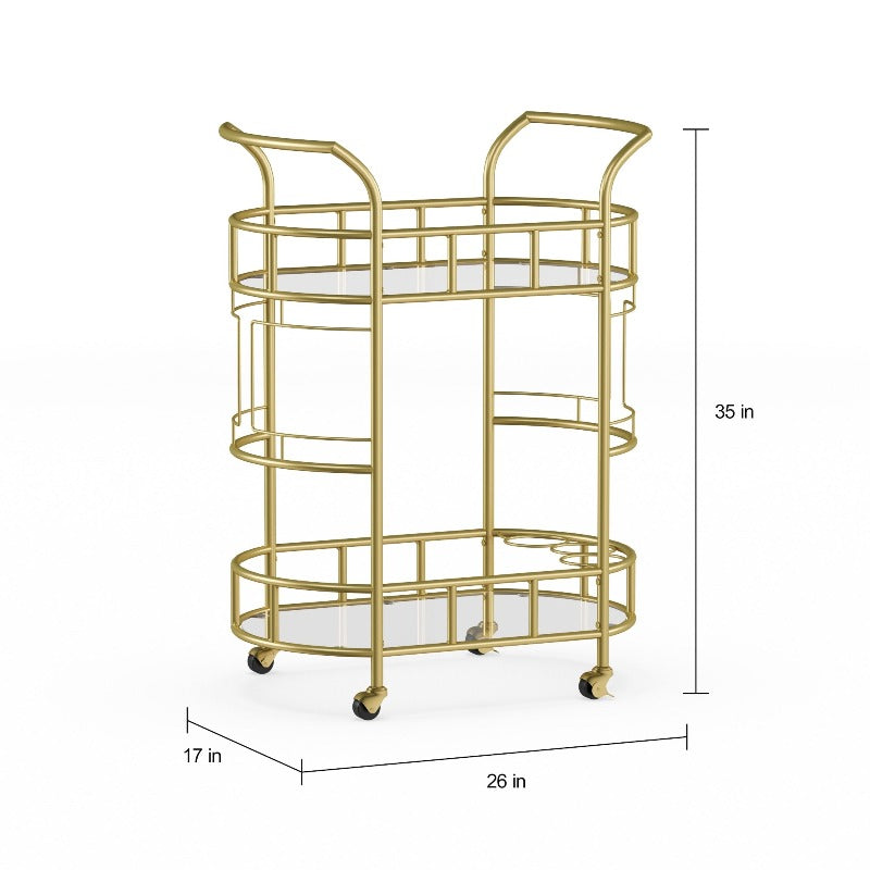 Bar Cart, Gold Metal And Glass Serving Cart,With Wheels And Handle ,For Kitchen, Club, Living Room, Bar