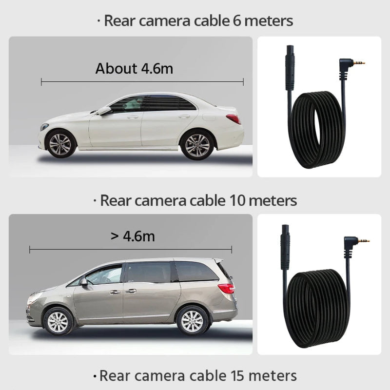 Comparison of rear camera cables with different lengths for vehicles of varying sizes.
