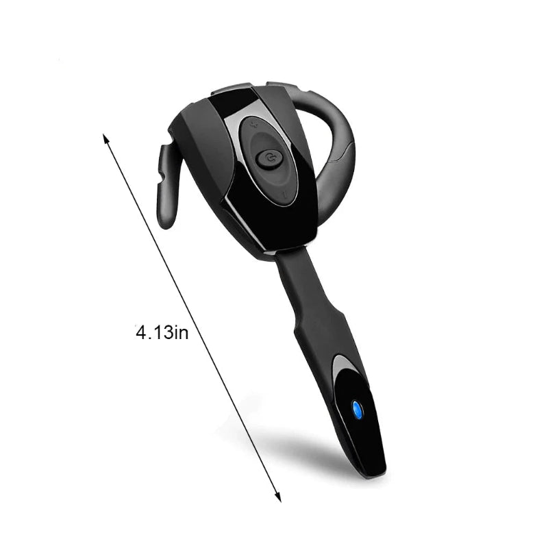 Black Bluetooth headset with measurement label on a white background