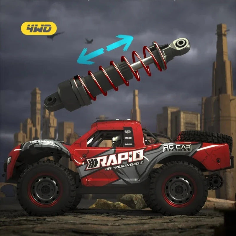 Red and gray RC car with shock absorber on a dark background