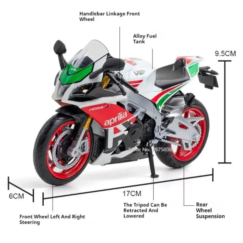 Model motorcycle with labeled parts and dimensions on a white background