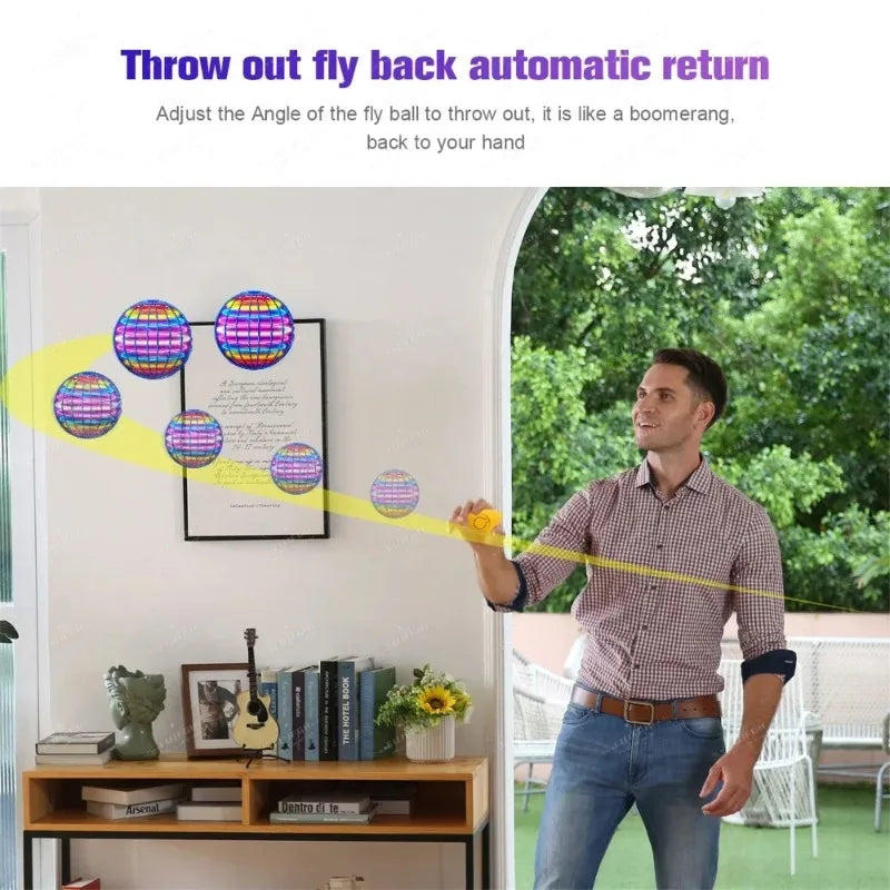 Man playing with a colorful fly ball toy in a room with a window showing greenery outside.