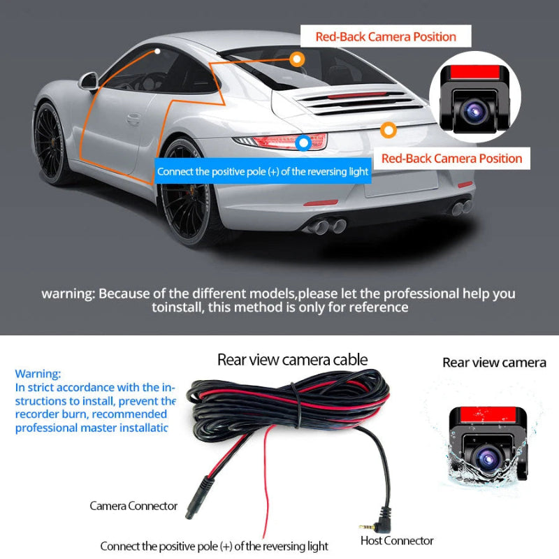 Car with rear view camera system installation guide and components displayed.