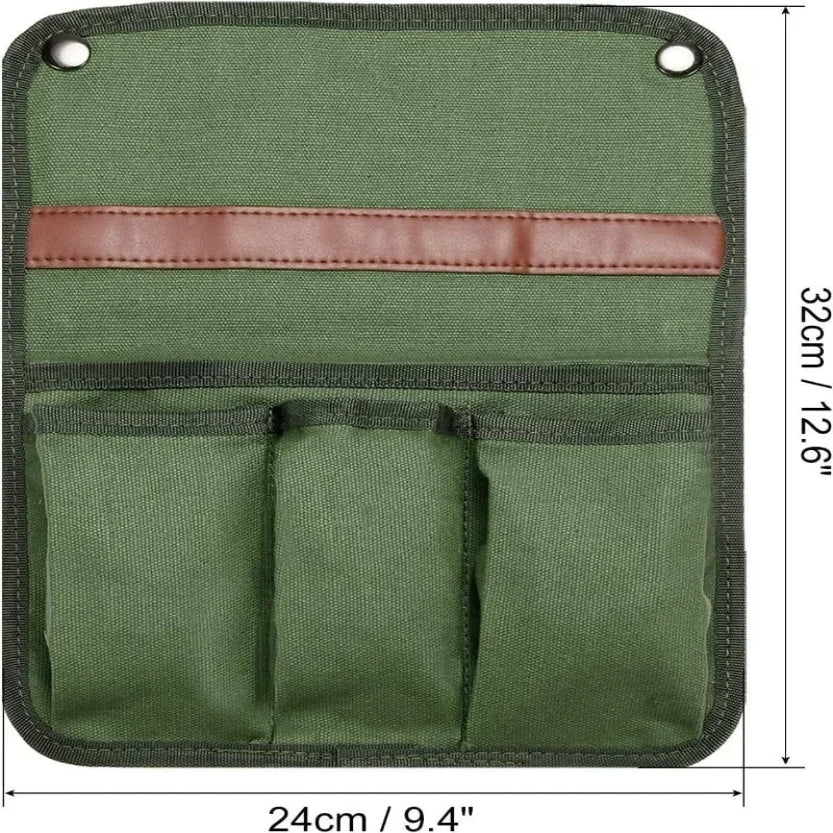 Green tool pouch with three pockets and a brown strap, shown with dimensions on a white background.