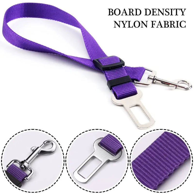 Purple dog seat belt with metal clip on a white background, featuring text about board density and nylon fabric.