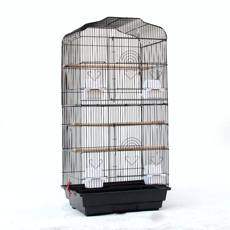 Bird cage with multiple levels and a black base on a white background