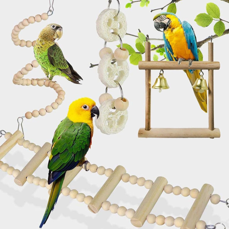 Three colorful parrots interacting with a wooden bird toy on a white background