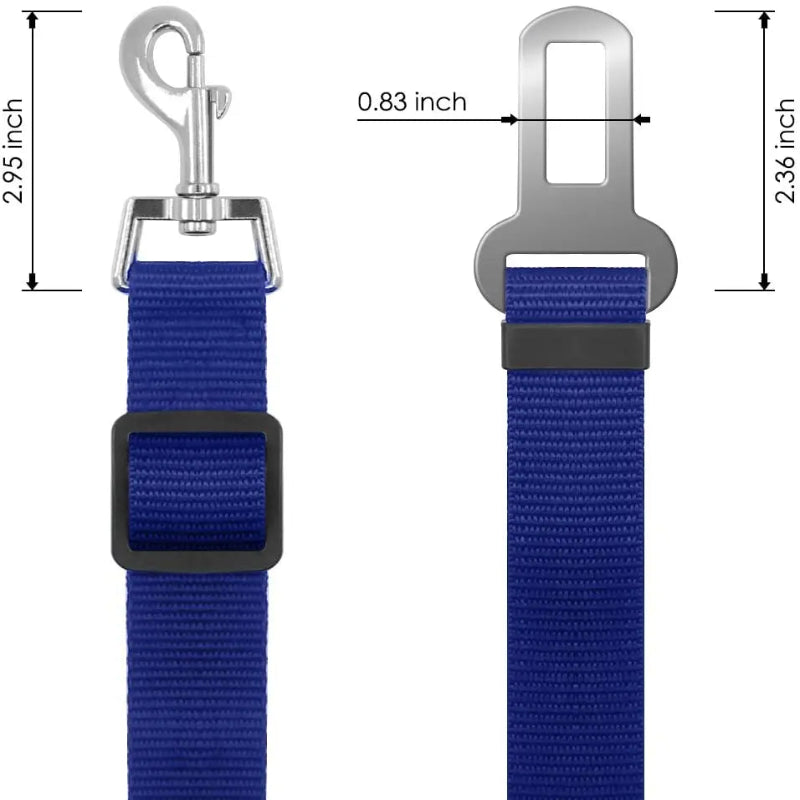 Blue strap with metal clip and measurements on a white background