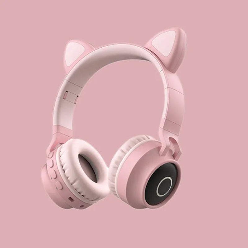 Pink headphones with cat ears on a pink background #ledlight #catearheadphones #wireless #bluetooth5.0 #headset #portable #foldable #kidsheadphone #withmicrophone #bestgift #with mic #micrphone #rechargeablebattery #sd card