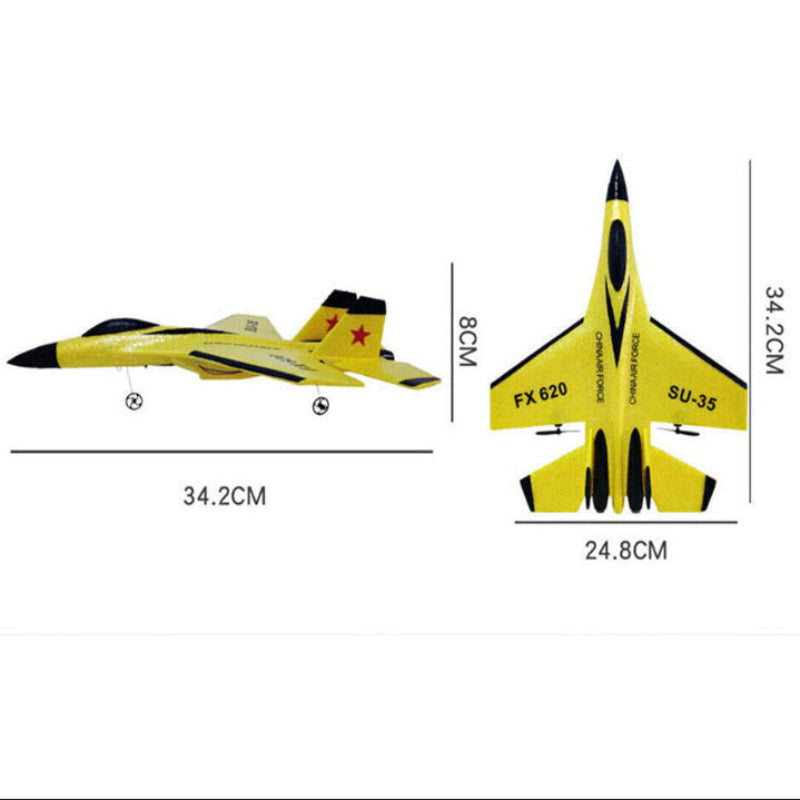 Yellow model airplane with dimensions on a white background
