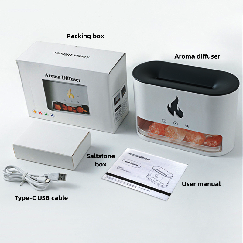 Flame Humidifier Aromatherapy Machine Crystal Salt Stone Colorful Atmosphere Lamp Flame 3d Simulation Flame Humidifier Household Essential