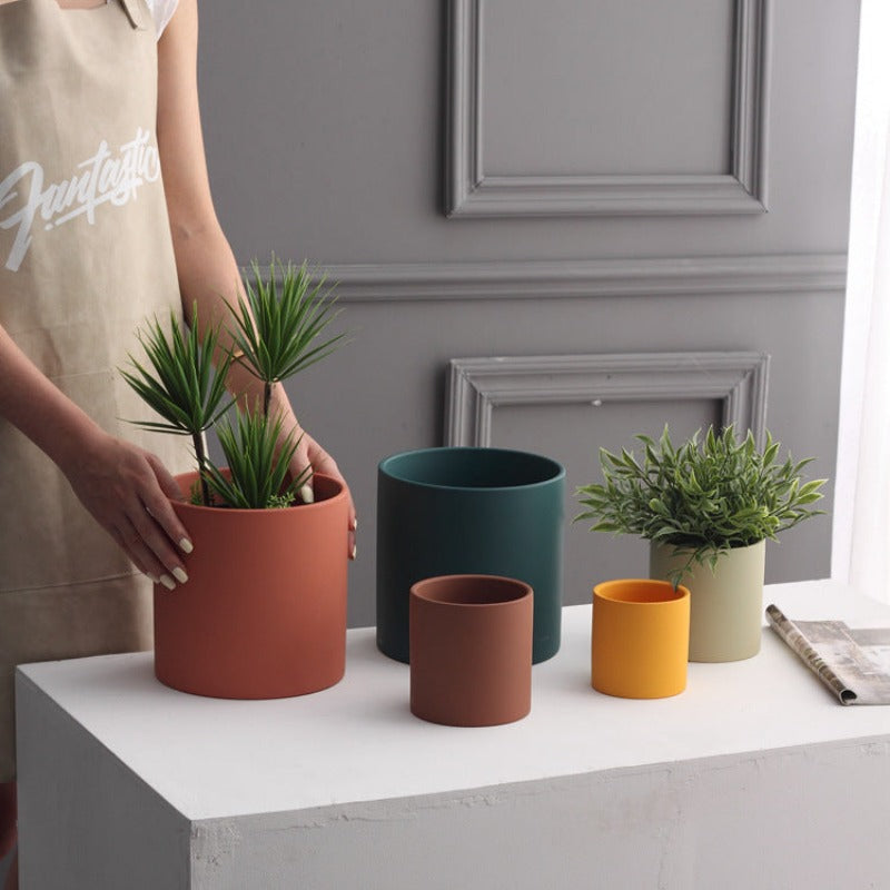 Colorful Ceramic Flowerpot Succulent Planter Green Plants Cylindrical Shape Flower Pot With Hole Tray